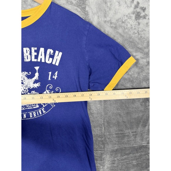 Miami‎ Beach Florida Graphic T-Shirt Womens S Blue Yellow Ocean Drive Ringer Tee - Picture 3 of 5